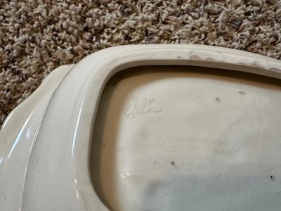 METAL HALF CIRCLE TABLE, WASH BOWL & PITCHER PLUS A FAUX PLANT