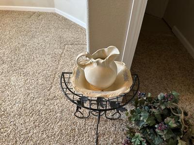 METAL HALF CIRCLE TABLE, WASH BOWL & PITCHER PLUS A FAUX PLANT