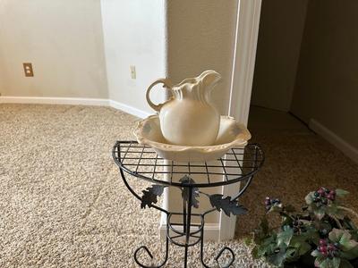 METAL HALF CIRCLE TABLE, WASH BOWL & PITCHER PLUS A FAUX PLANT