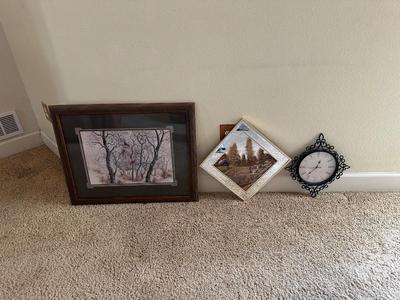 2 SIGNED PIECES OF ARTWORK AND A WALL CLOCK