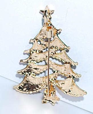 Excellent HOLIDAY TREE BROOCH (2" x 1¼") with RED & CLEAR "Jewels" & Green Enameled Branches on a Gold Tone...