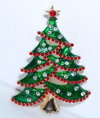 Excellent HOLIDAY TREE BROOCH (2" x 1¼") with RED & CLEAR "Jewels" & Green Enameled Branches on a Gold Tone...