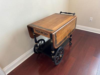Ethan Allen Drop-Leaf Tea Cart with Floral Inlay