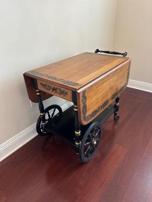 Ethan Allen Drop-Leaf Tea Cart with Floral Inlay