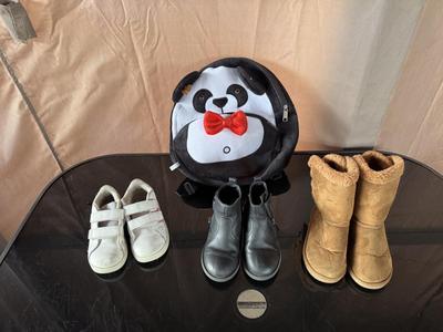 GIRL'S TENNIS SHOES, BOOTS AND PANDA BACKPACK