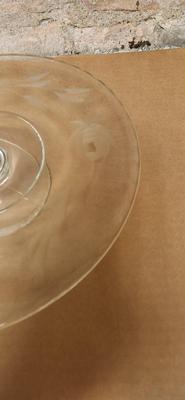 Sale Photo Thumbnail #115: Gorgeous Lariet Etched Platter, Pretty Etched Cake Stand, 6 Crystal Sherbets +1 that has a little rim chip and a couple pretty pieces of pottery.