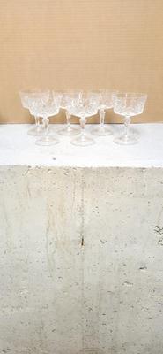 Sale Photo Thumbnail #118: Gorgeous Lariet Etched Platter, Pretty Etched Cake Stand, 6 Crystal Sherbets +1 that has a little rim chip and a couple pretty pieces of pottery.