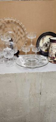 Sale Photo Thumbnail #107: Gorgeous Lariet Etched Platter, Pretty Etched Cake Stand, 6 Crystal Sherbets +1 that has a little rim chip and a couple pretty pieces of pottery.