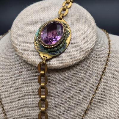LOT 3J: Three Art Deco Necklaces, Matching Brooch, and Bracelet with Amethyst Glass Stones