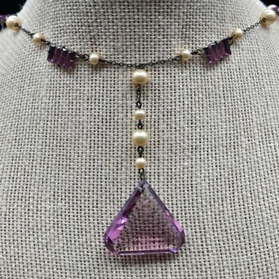 LOT 3J: Three Art Deco Necklaces, Matching Brooch, and Bracelet with Amethyst Glass Stones
