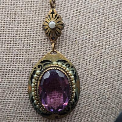 LOT 3J: Three Art Deco Necklaces, Matching Brooch, and Bracelet with Amethyst Glass Stones