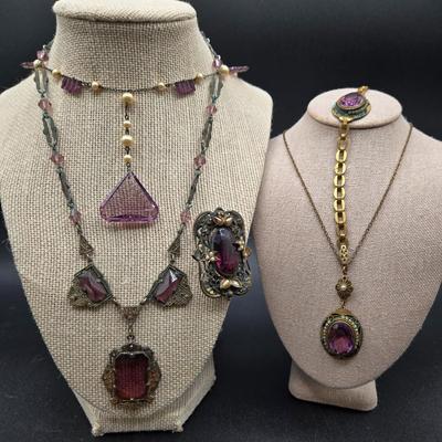 LOT 3J: Three Art Deco Necklaces, Matching Brooch, and Bracelet with Amethyst Glass Stones