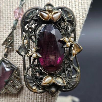 LOT 3J: Three Art Deco Necklaces, Matching Brooch, and Bracelet with Amethyst Glass Stones