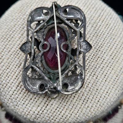 LOT 3J: Three Art Deco Necklaces, Matching Brooch, and Bracelet with Amethyst Glass Stones