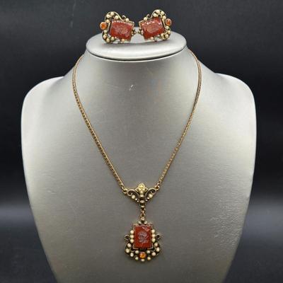 LOT 10J: Unique Vintage 16 Inch Intaglio Necklace and Matching Earrings
