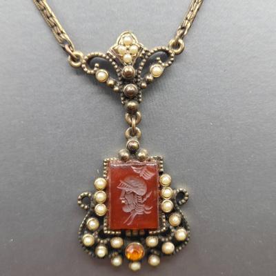 LOT 10J: Unique Vintage 16 Inch Intaglio Necklace and Matching Earrings