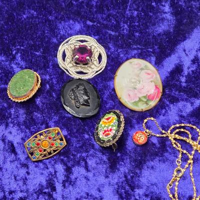 LOT 12J: Italian Mosaic Brooch & Necklace, Enamel Brooch, Czechoslovakian Brooch, and More