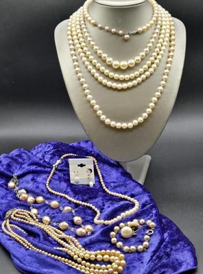 LOT 15J: Assorted Faux Pearl Necklaces, Vintage Pearl Bracelet, and Earrings