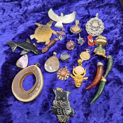 LOT 20J: Variety of Pendants Including Italian Horns, Butterfly Wing, Turtle, and More