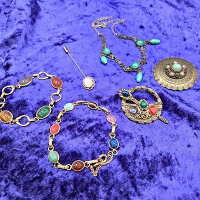 LOT 21J: Two Scarab Bracelets, Opal Stick Pin, and More