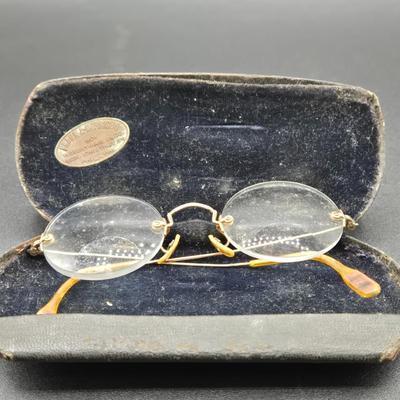 LOT 22J: Two Pairs of Antique Rimless Eyeglasses in Cases, WH Morley & Sons Pocket Knife with Case, Tiny Book Locket, and More