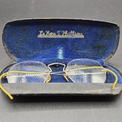LOT 22J: Two Pairs of Antique Rimless Eyeglasses in Cases, WH Morley & Sons Pocket Knife with Case, Tiny Book Locket, and More