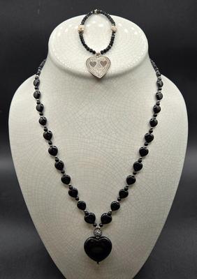 LOT 26J: Black Bead and Sterling Heart Necklace and Bracelet Set