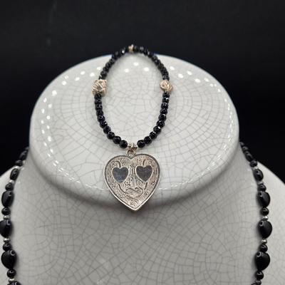 LOT 26J: Black Bead and Sterling Heart Necklace and Bracelet Set