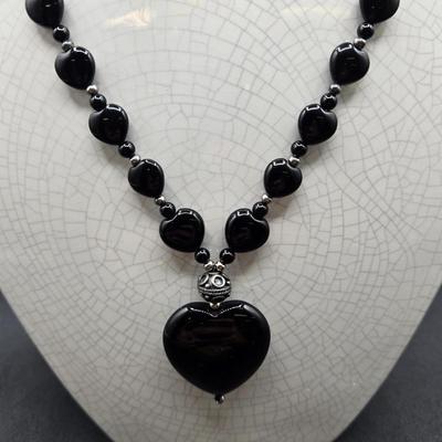 LOT 26J: Black Bead and Sterling Heart Necklace and Bracelet Set
