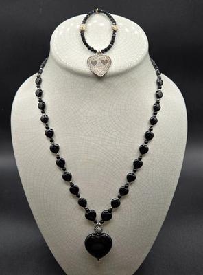 LOT 26J: Black Bead and Sterling Heart Necklace and Bracelet Set
