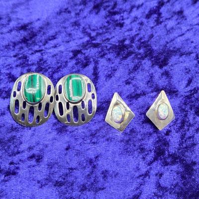 LOT 28J: 925 Signed Malachite Pierced Earrings and Opal Earrings