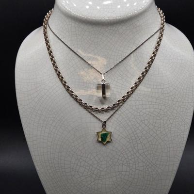 LOT 33J: 925 Israel 18 Inch Chain with Star Charm, 17.5 Inch 925 Bolo Link Chain, and 15 Inch Sterling Chain with Cube Charm/ 25.3 gtw