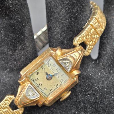 LOT 37J: Vintage 10k Gold Filled Bulova Watch with Diamond Chips in Original Box