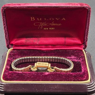LOT 37J: Vintage 10k Gold Filled Bulova Watch with Diamond Chips in Original Box