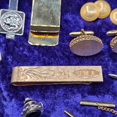 LOT 42J: Collection of Tie Clips, Tack Pins, Cuff Links, Buttons, Money Clips, and More