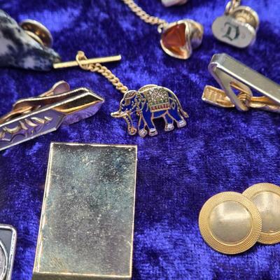 LOT 42J: Collection of Tie Clips, Tack Pins, Cuff Links, Buttons, Money Clips, and More