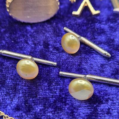 LOT 42J: Collection of Tie Clips, Tack Pins, Cuff Links, Buttons, Money Clips, and More