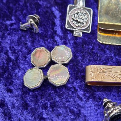 LOT 42J: Collection of Tie Clips, Tack Pins, Cuff Links, Buttons, Money Clips, and More