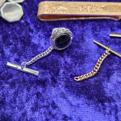 LOT 42J: Collection of Tie Clips, Tack Pins, Cuff Links, Buttons, Money Clips, and More
