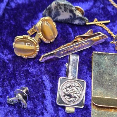 LOT 42J: Collection of Tie Clips, Tack Pins, Cuff Links, Buttons, Money Clips, and More