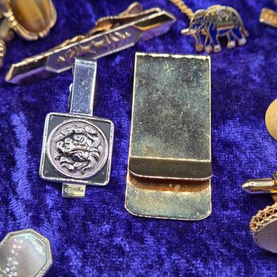 LOT 42J: Collection of Tie Clips, Tack Pins, Cuff Links, Buttons, Money Clips, and More