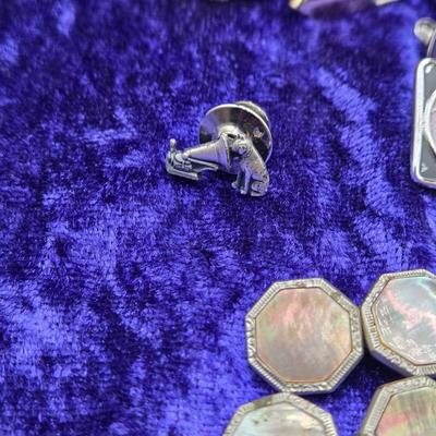 LOT 42J: Collection of Tie Clips, Tack Pins, Cuff Links, Buttons, Money Clips, and More