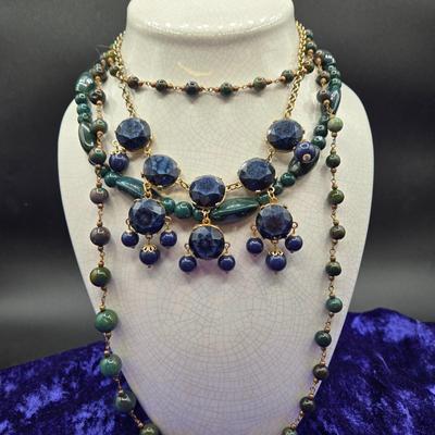 LOT 47J: Collection of Blues and Greens Beaded Costume Jewelry Necklaces