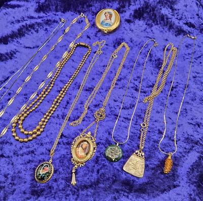 LOT 52J: Assortment of 14-24 Inch Goldtone Necklaces, Trifari Necklace, and Limoges Pill Box