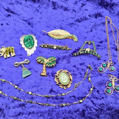 LOT 53J: Vintage Wire Scroll Work 18 Inch Necklace & Pin with Teal Stones, Elephant Pin, Palm Tree Pin, Leaf Pins, and More