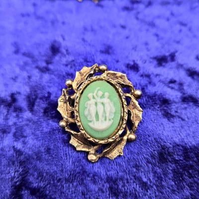 LOT 53J: Vintage Wire Scroll Work 18 Inch Necklace & Pin with Teal Stones, Elephant Pin, Palm Tree Pin, Leaf Pins, and More
