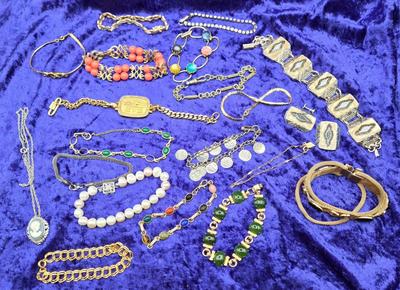 LOT 57J: Multiple Bracelets Including Sarah Coventry, Ten Commandments Charm Bracelet, Trifari Necklace, and More