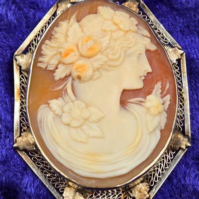 LOT 66J: Beautiful Cameo Brooch Framed in 14k Gold