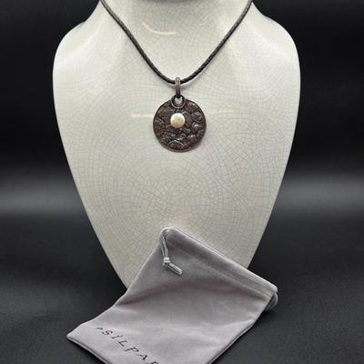 LOT 69J: 925 Silver Silpada 14 Inch Necklace with Round Hammered Pendant with Coin Pearl