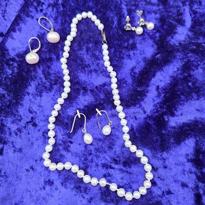 LOT 70J: 925 Silver and Pearl Pierced Earrings and Faux Pearl Necklace